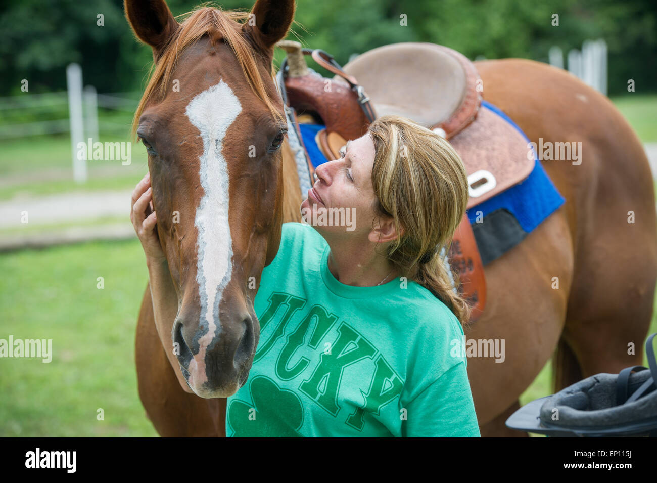 Donna che guarda con affetto a cavallo in Hannover, Maryland, Stati Uniti d'America Foto Stock