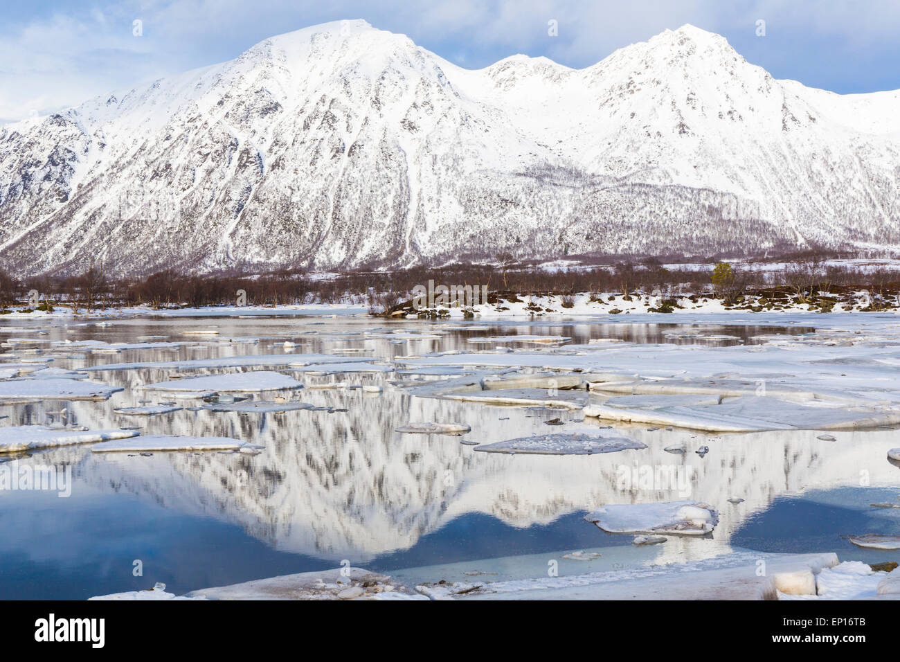 Paesaggio con ice floes e alte montagne sullo sfondo con la neve che riflette nell'acqua, Sortland, Norvegia Foto Stock