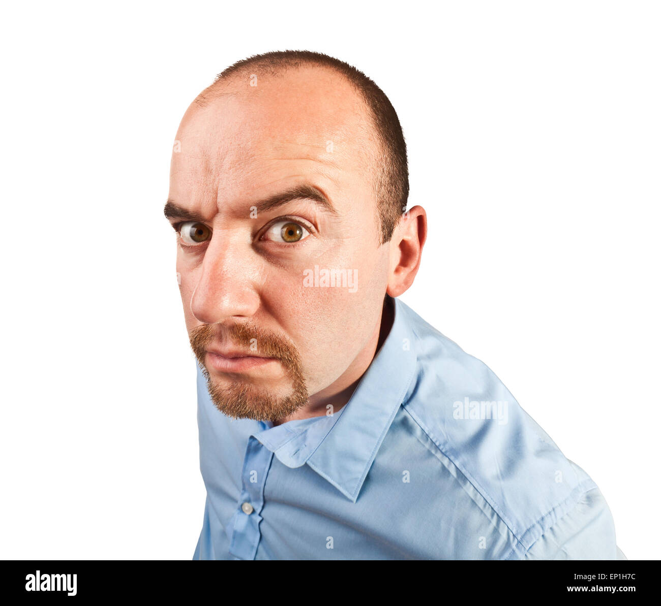 Divertente ritratto di imprenditore su sfondo bianco Foto Stock