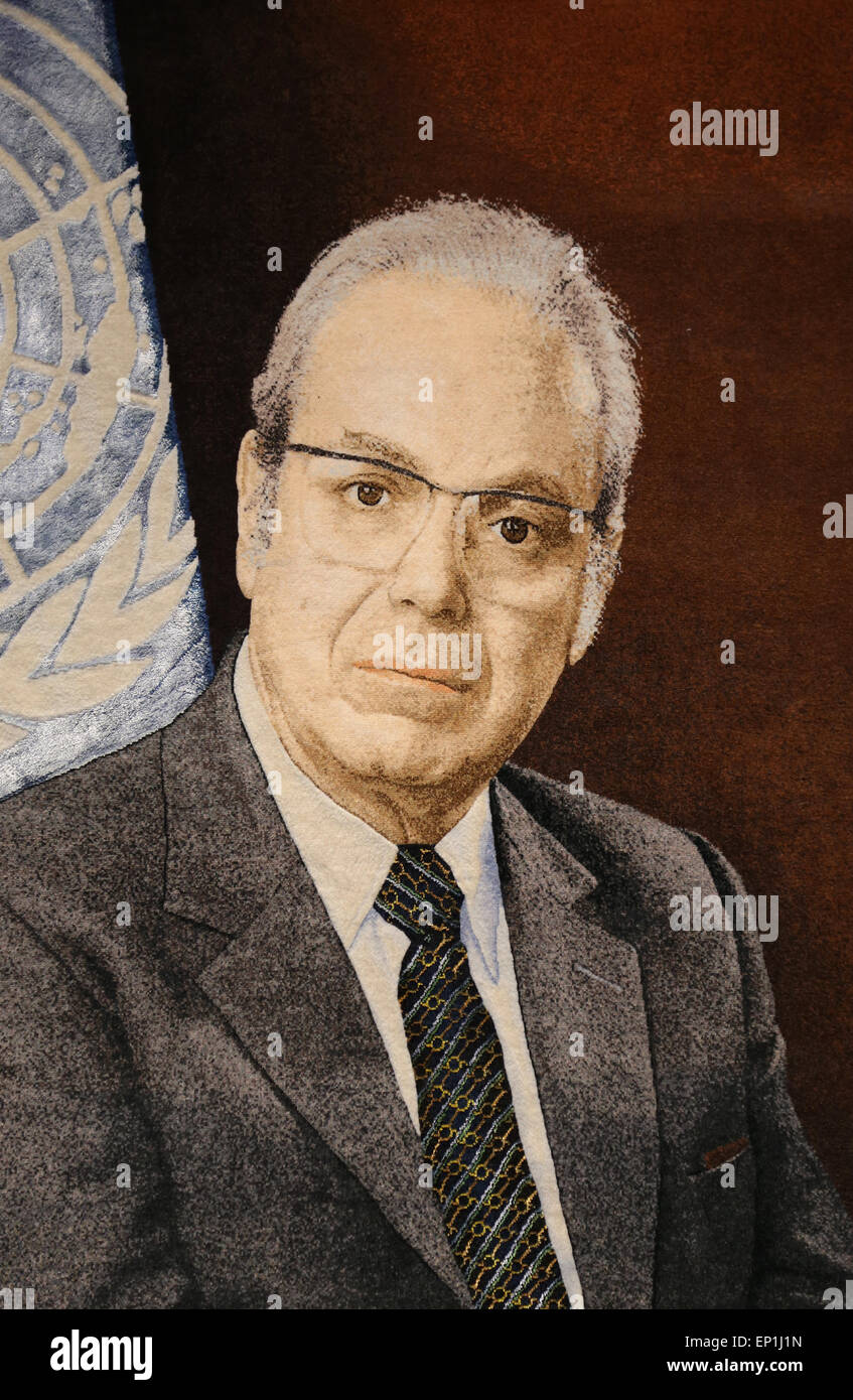 Javier Perez de Cuellar (b. 1920). Il diplomatico peruviano. Quinto Segretario generale delle Nazioni Unite. 1982-1991. Tapistry. Foto Stock