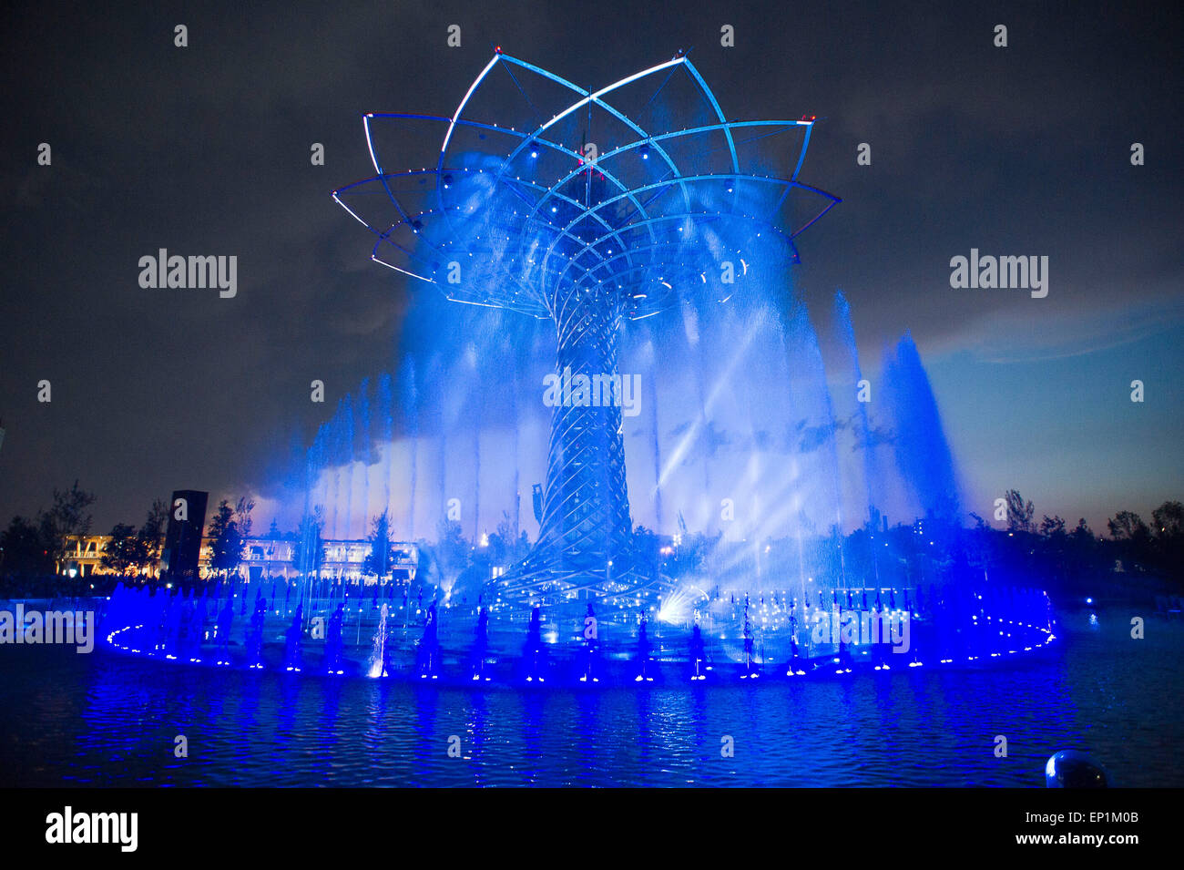 Italia Milano Expò 2015 Albero della vita la sera. La mostra è accompagnata da musica e illuminazione Foto Stock