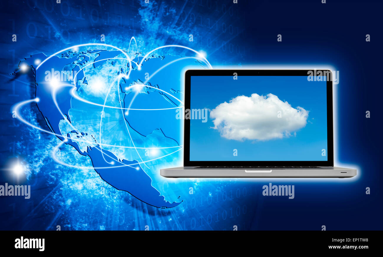 Blue vivida immagine del globo e portatile con schermo cloud. Concetto di internet del business globale Foto Stock