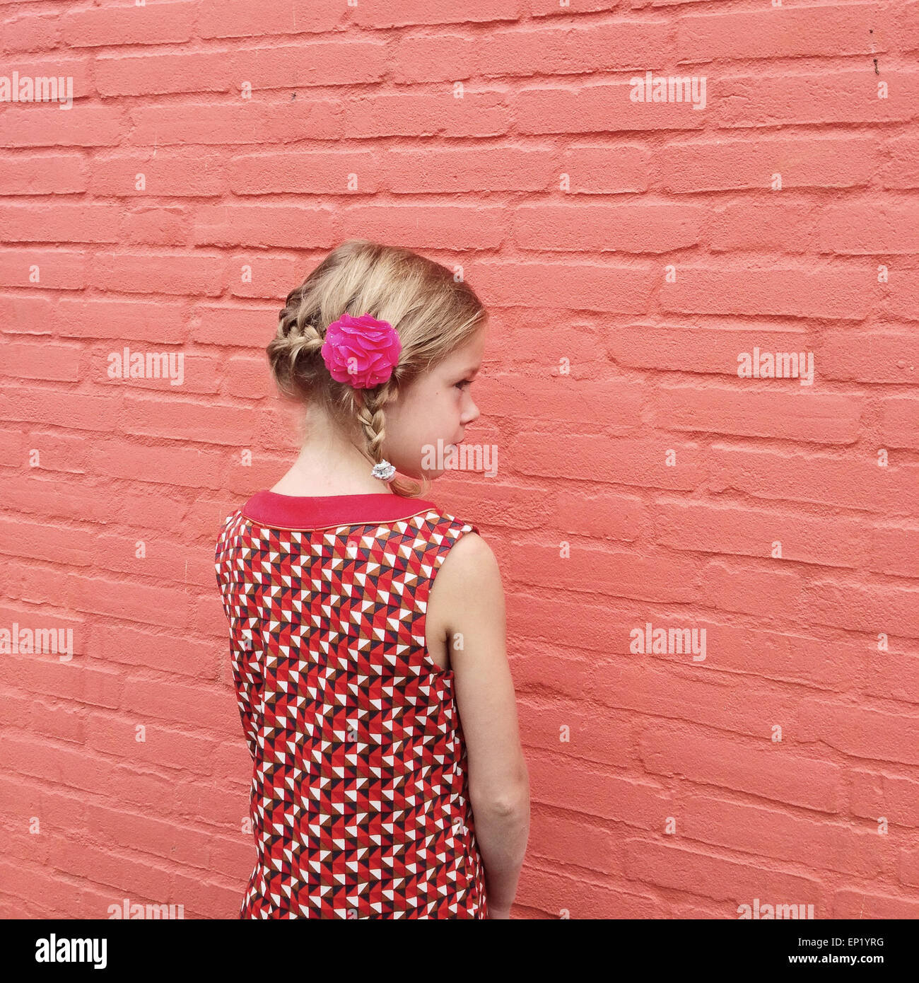 Vista laterale di una ragazza con una treccia e un fiore in her hair Foto Stock