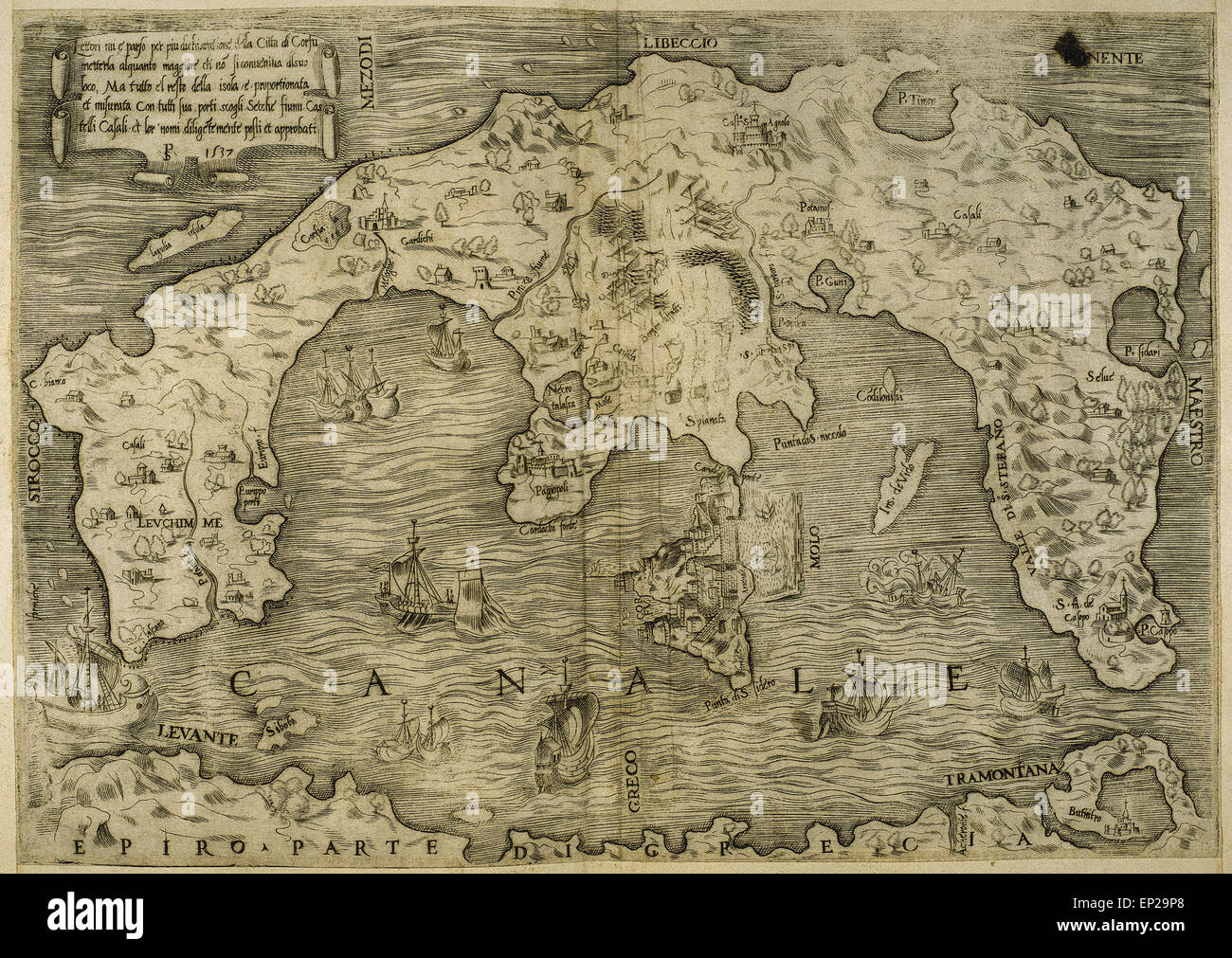 Mappa di isola greca di Corfù. Il mar Ionio. Mappa italiana. 1537. Foto Stock