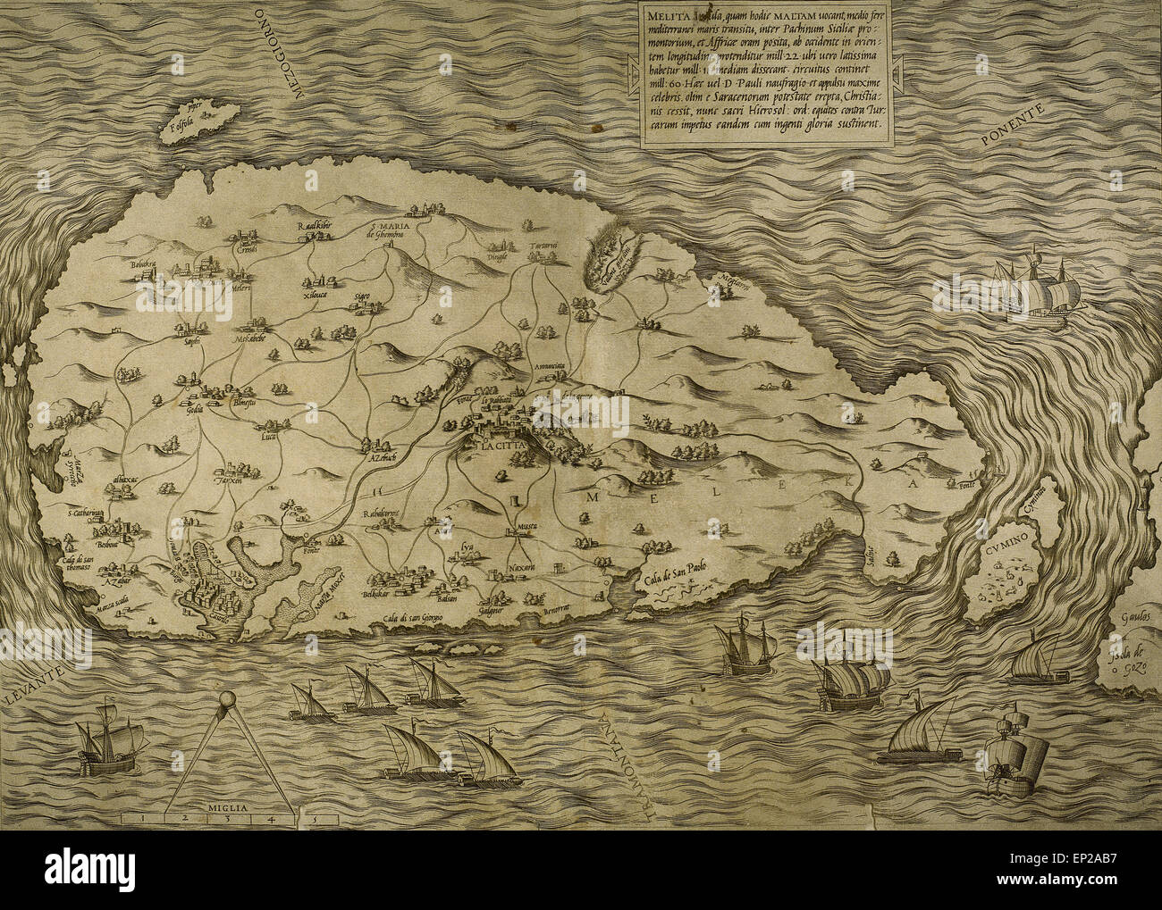 Mappa di Malta. Isola. Mare Mediterraneo. Incisione Italiana. Il XVI secolo. Foto Stock