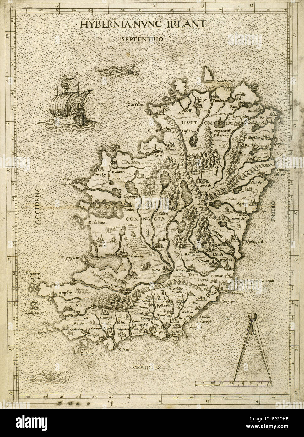 Hybernia Nunc Irlant. L'Irlanda. Mappa è stata chiaramente effettuata da un membro della Scuola Lafreri di cartografi, Antonio Lafreri (1512-77). Roma, 1570. Renaissance. Incisione di Paolo Forlani, XVI C. Foto Stock