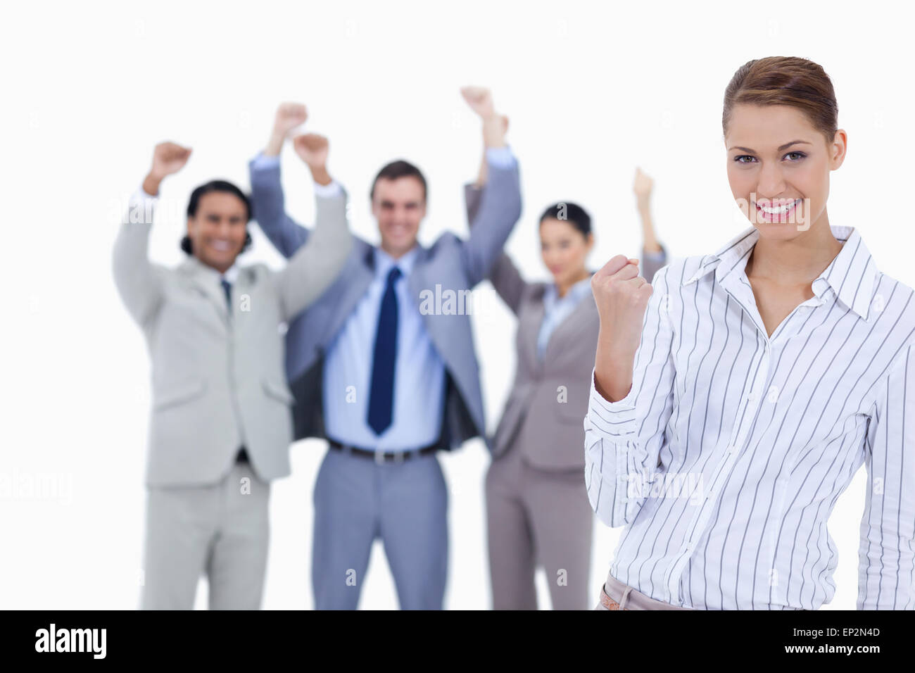 Segretario sorridente e stringendo il suo pugno con entusiasmo la gente di affari Foto Stock