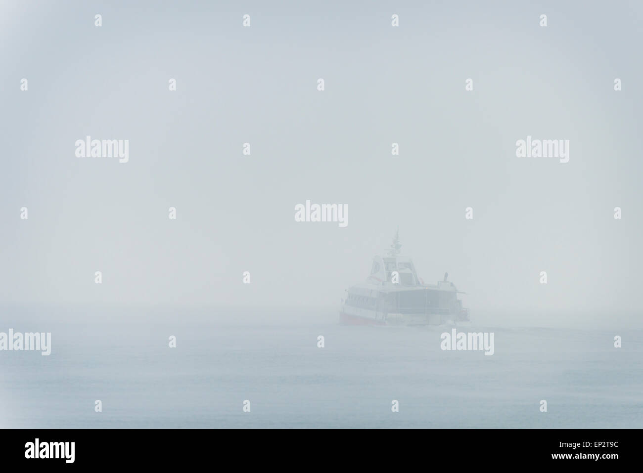 Germania Baden-Wuerttemberg, di Costanza e il Lago di Costanza nella nebbia mattutina, catamarano lasciando port Foto Stock