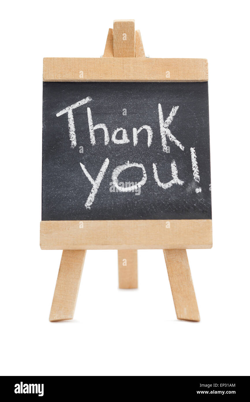 Lavagna con le parole grazie scritto su di esso Foto Stock