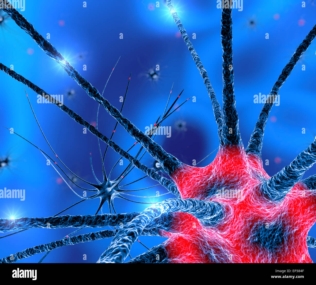 Il rendering del gruppo di neuroni su sfondo blu Foto Stock