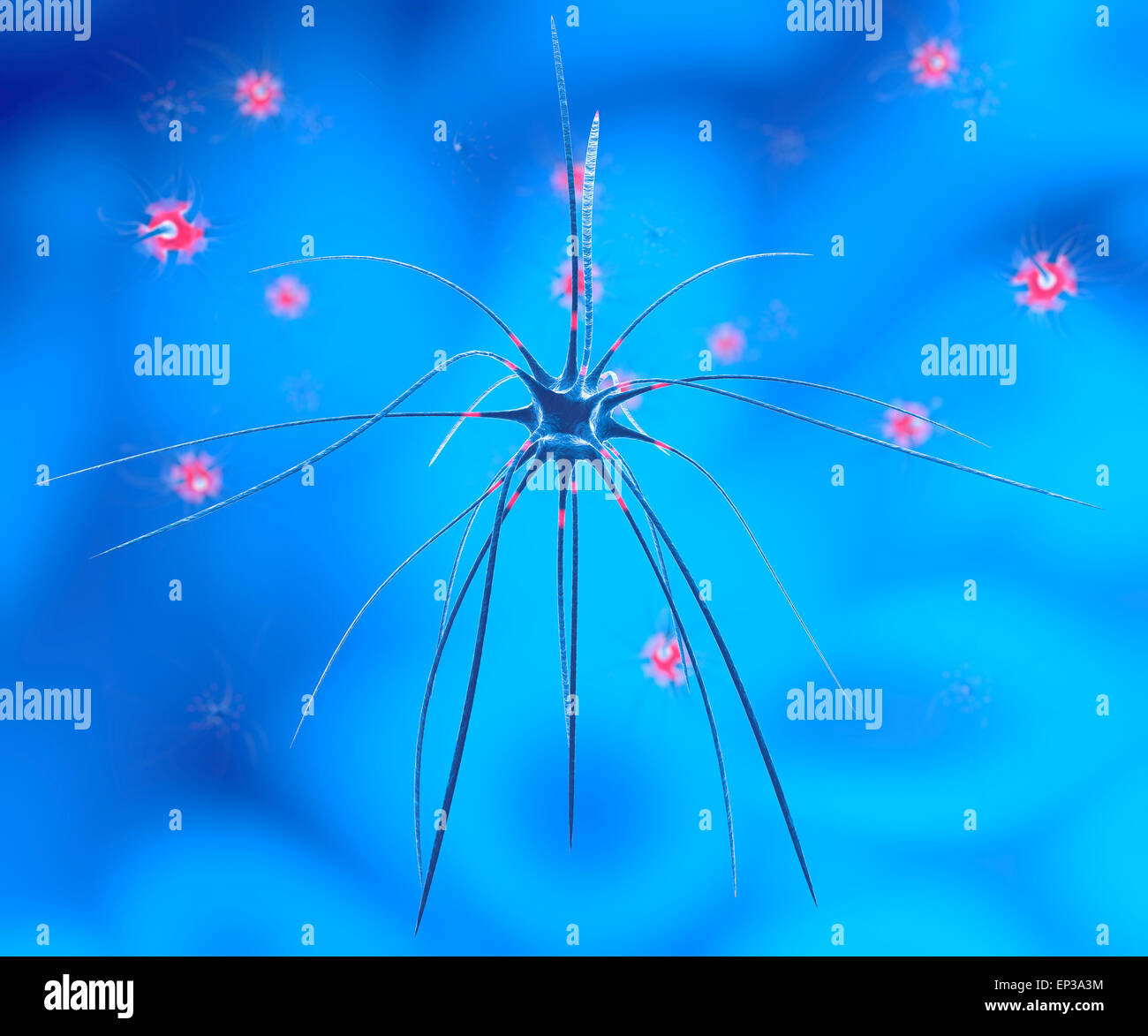 Il rendering del gruppo di neuroni su sfondo blu Foto Stock