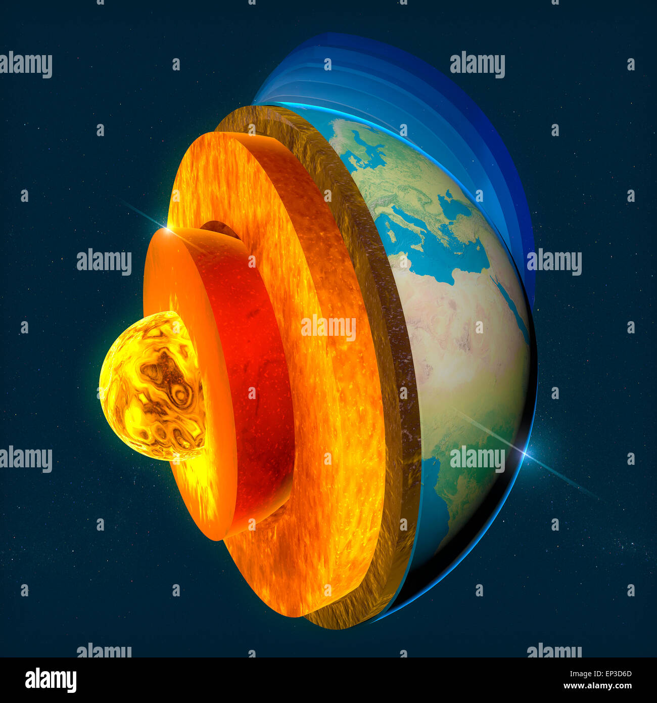 Struttura della Terra. Nucleo del pianeta Terra, strati di sezione di cielo e terra, split, geofisica. Gli elementi di questa immagine fornita dalla NASA Foto Stock