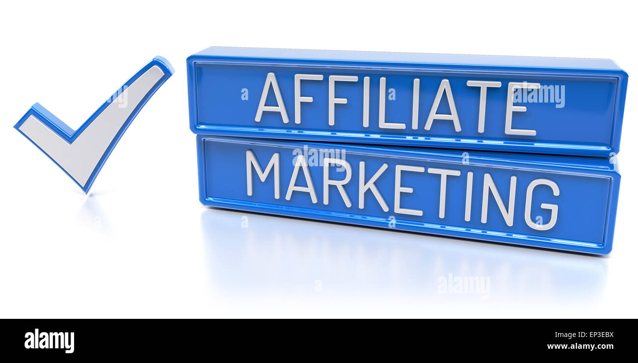 Affiliate Marketing - banner blu con segno di spunta - isolato 3D Render Foto Stock