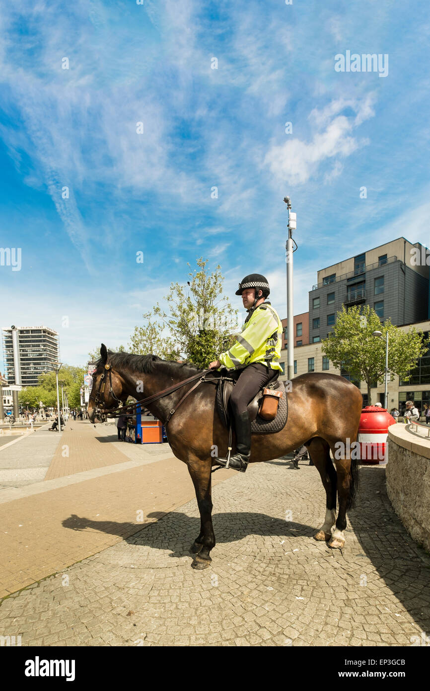 Poliziotto sul cavallo di polizia nel centro città di Bristol Foto Stock