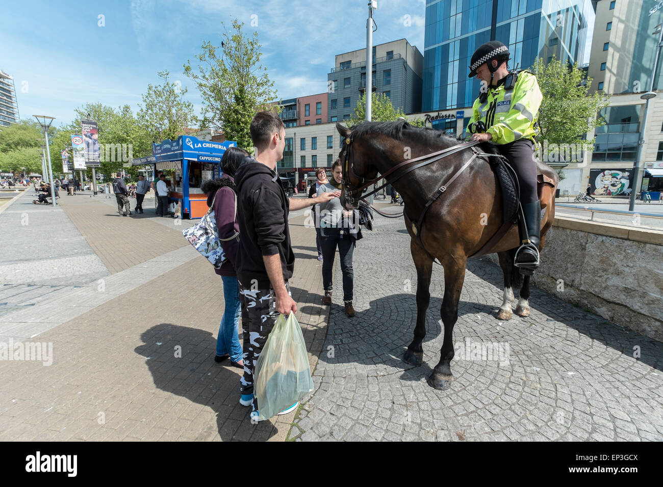 Poliziotto sul cavallo di polizia nel centro città di Bristol Foto Stock