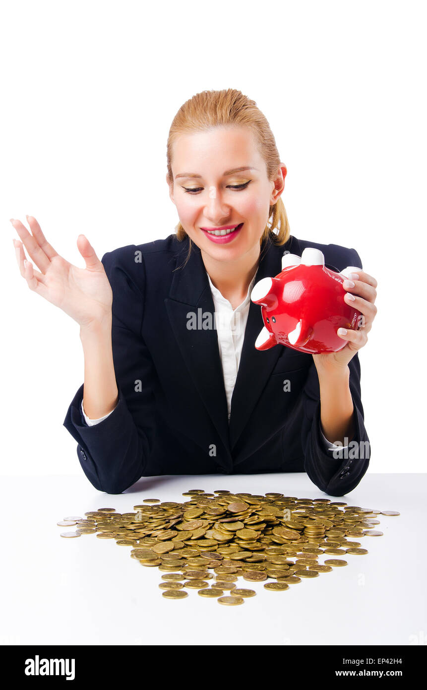 La donna la rottura salvadanaio per il risparmio Foto Stock