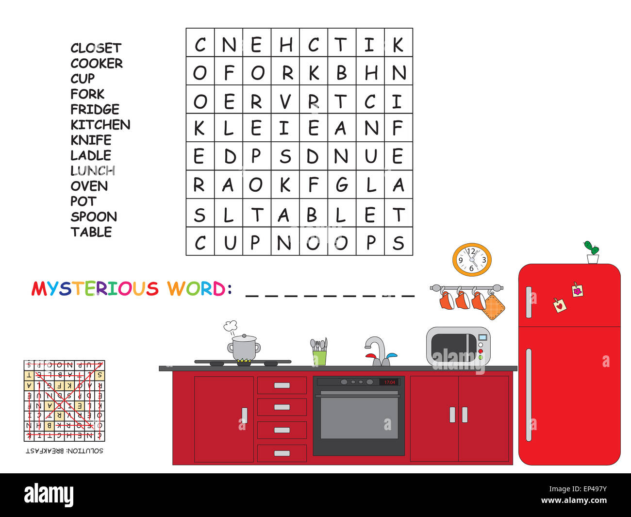 Gioco per bambini : Trovare tutte le parole (orizzontale, verticale e diagonale). Utilizzare le lettere restanti per trovare la parola misteriosa Foto Stock