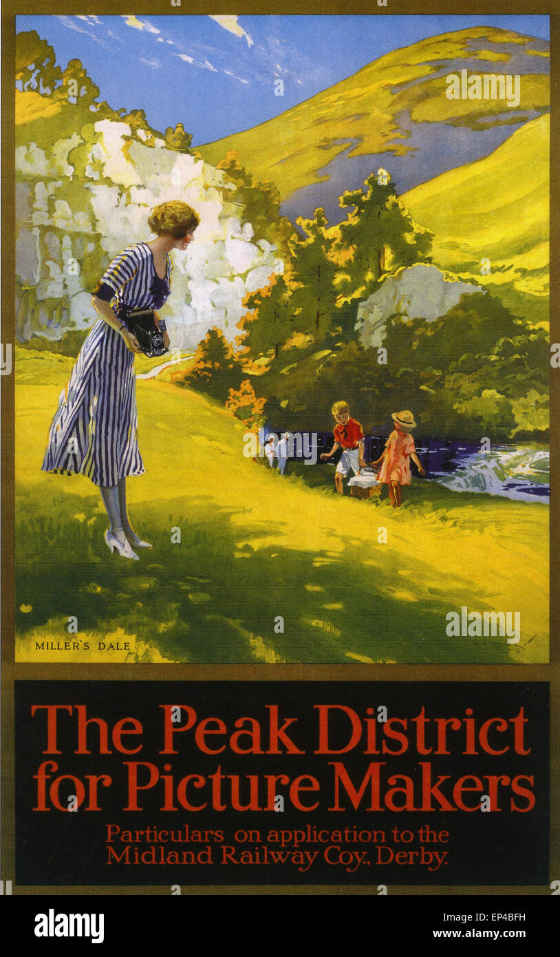 Il Peak District tardo 20s inizio 30s poster vetrina della possibilità fotografiche nella zona con la signora in possesso di una casella di Kodak fotocamera Foto Stock
