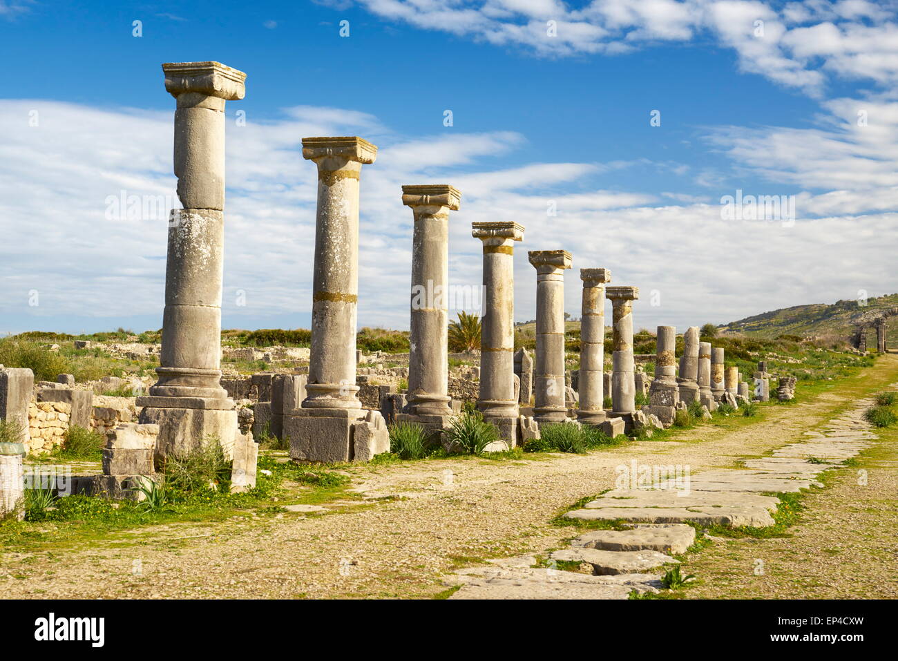 Volubilis, antica città romana in Zerhoun montagne, vicino a Fes. Il Marocco Foto Stock
