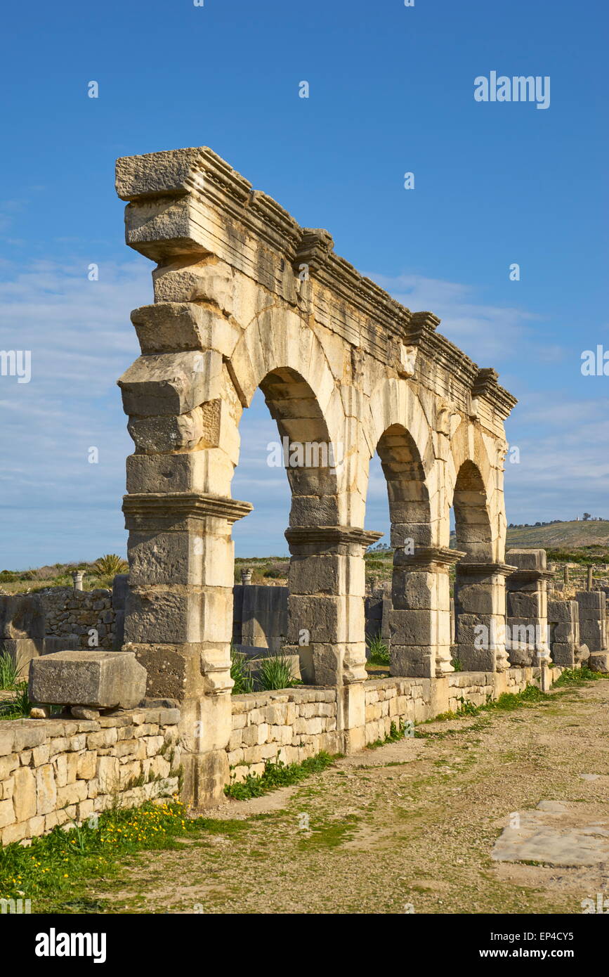 Volubilis, antica città romana in Zerhoun montagne, vicino a Fes. Il Marocco Foto Stock