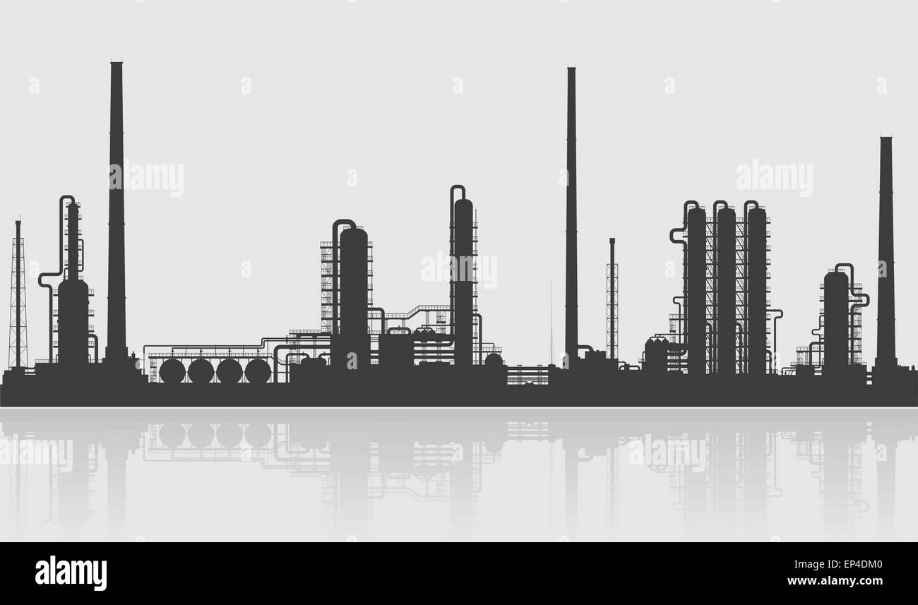 Raffineria di petrolio o impianto chimico silhouette. Dettagliata illustrazione vettore isolato su sfondo grigio. Illustrazione Vettoriale