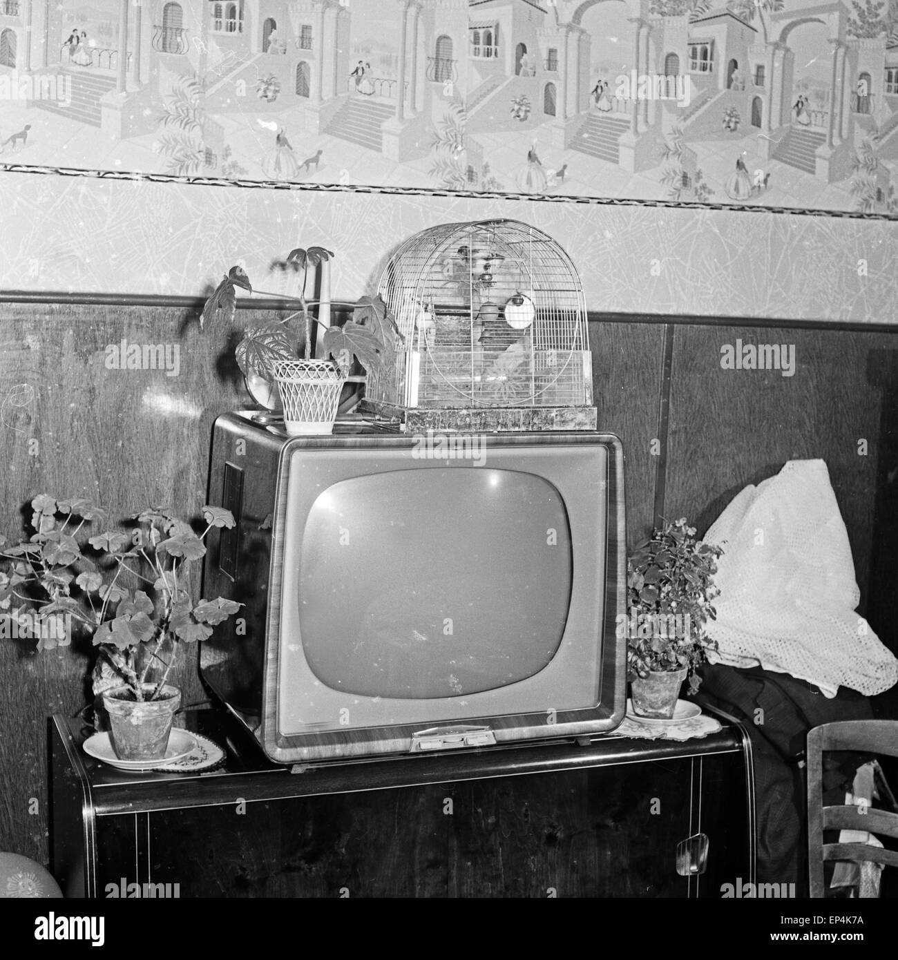 Ein Vogelkäfig auf dem Fernseher in einem Wohnzimmer, Deutschland 1960er Jahre. Una gabbia di uccelli su una TV in salotto, Germania 19 Foto Stock