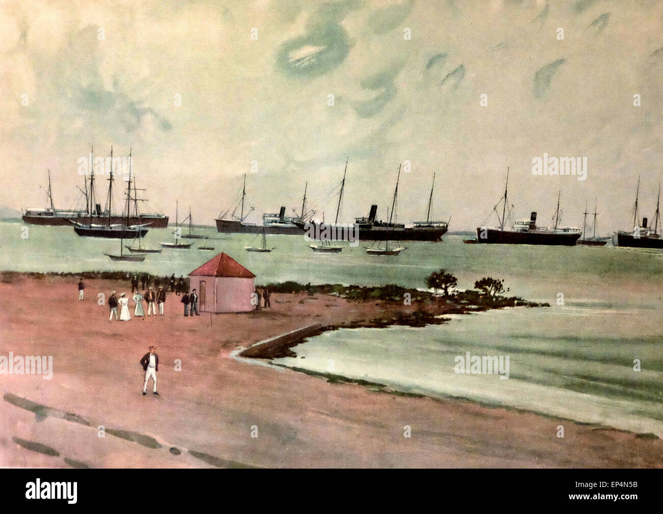 Catturate le navi spagnole al di ancoraggio nell'uomo-di-porto di guerra, Key West, Florida - Vista dall'Esplanade vicino gli Stati Uniti caserme, Spagnolo guerra americana 1898 Foto Stock