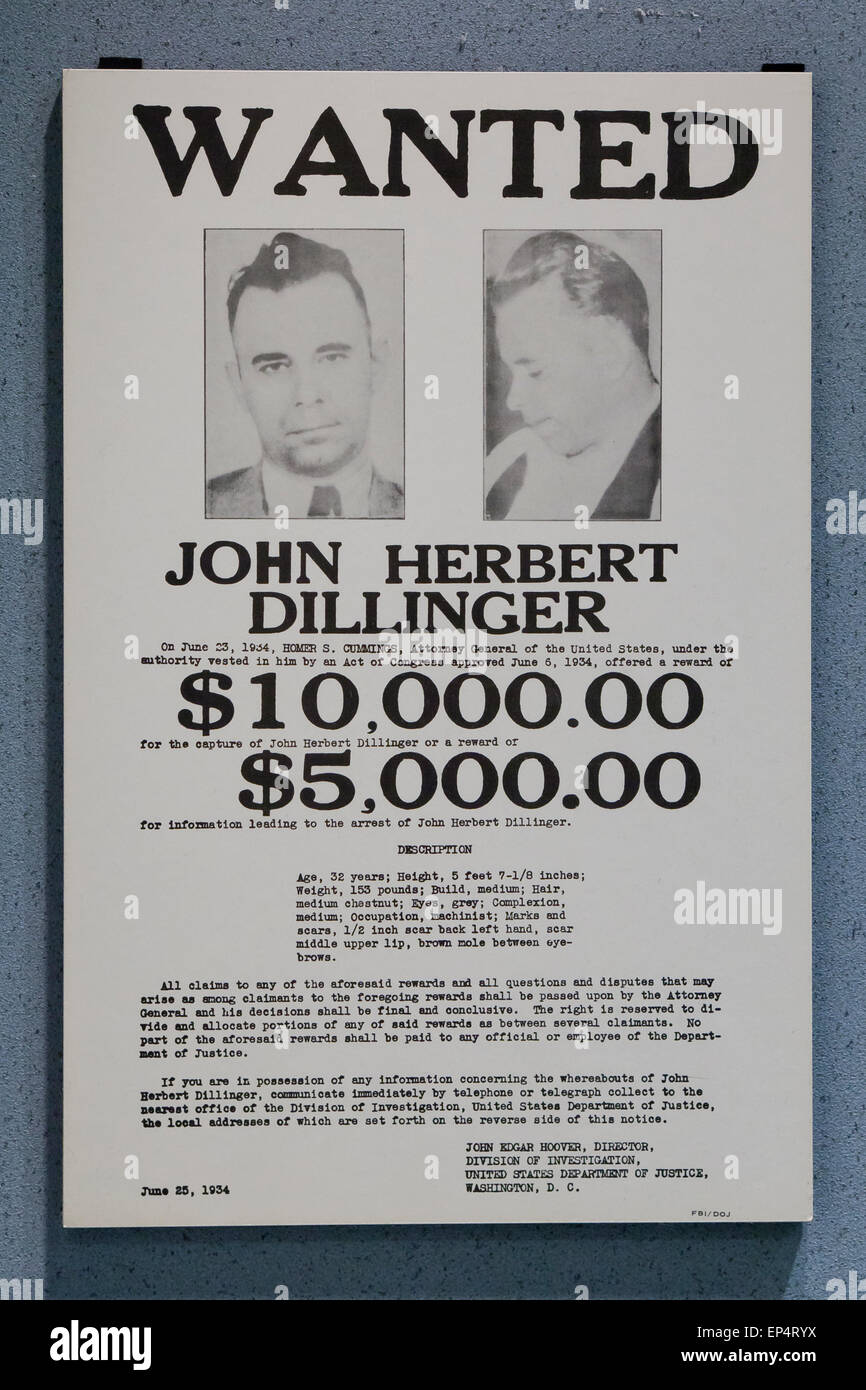 FBI voleva poster di John Herbert Dillinger, circa 1934 - USA Foto Stock