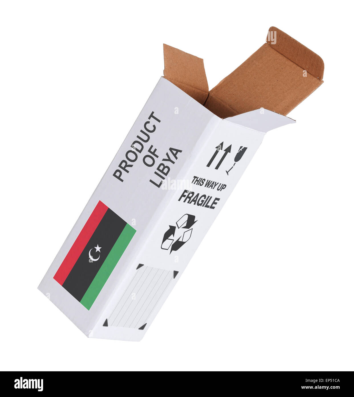 Concetto di esportazione, aperto cassetta della carta - Prodotto di Libia Foto Stock