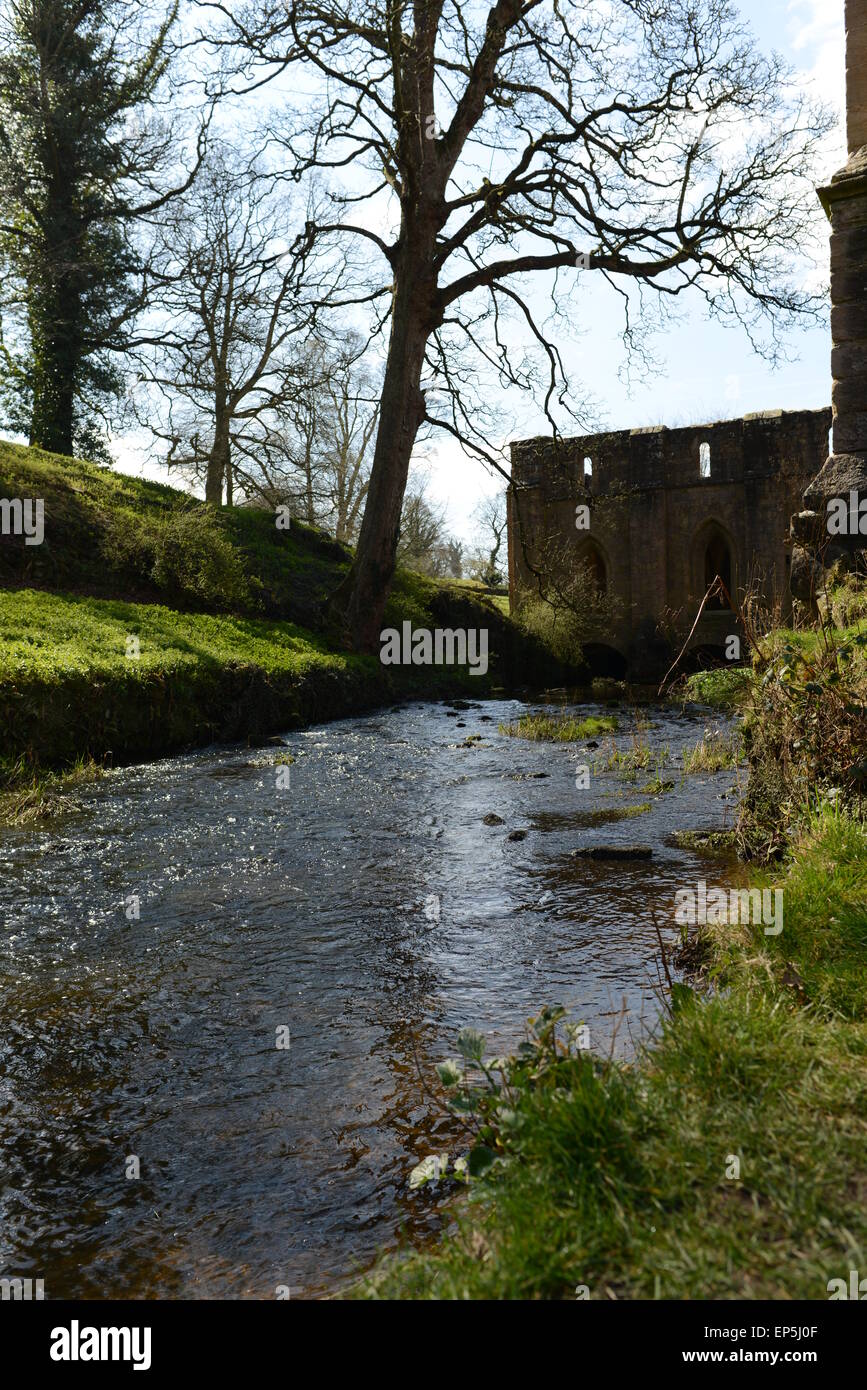 Il letto del fiume a Fountains Abbey che mostra i resti del gateway Foto Stock