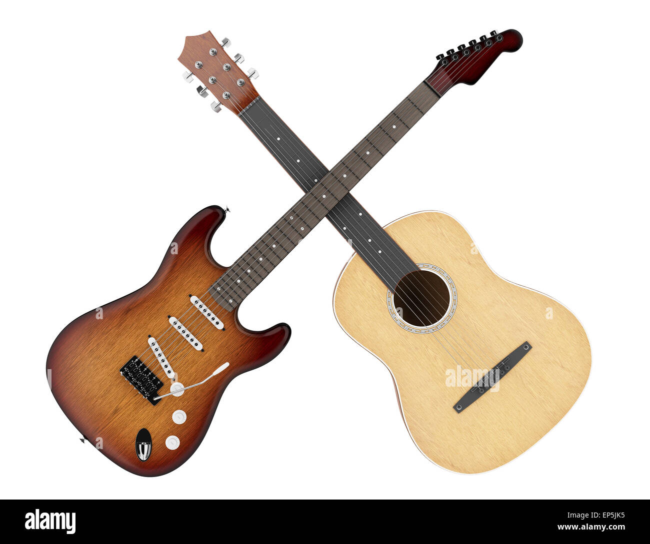 Due chitarre acustiche ed elettriche isolate Foto Stock