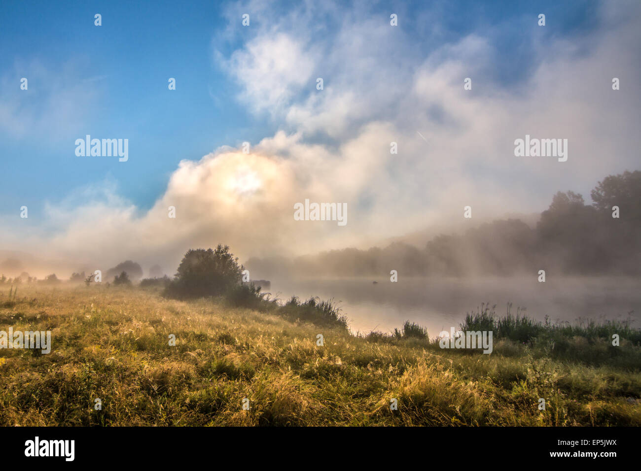 Mattinata nebbiosa sul fiume - le nuvole skyes e sfondo di erba Foto Stock