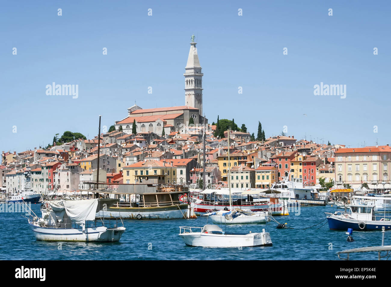 Una vista della città vecchia di Rovigno con la Santa Eufemia chiesa e barche ancorate nel porticciolo di Rovigno Croazia. Foto Stock
