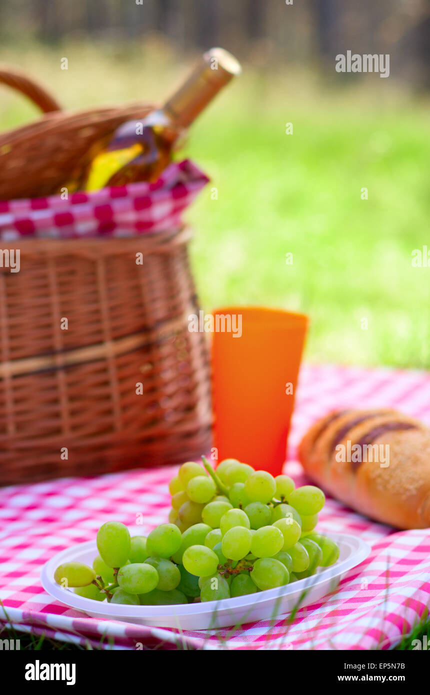 Cesto per pic-nic con bottiglia di vino e cibo nei boschi Foto Stock