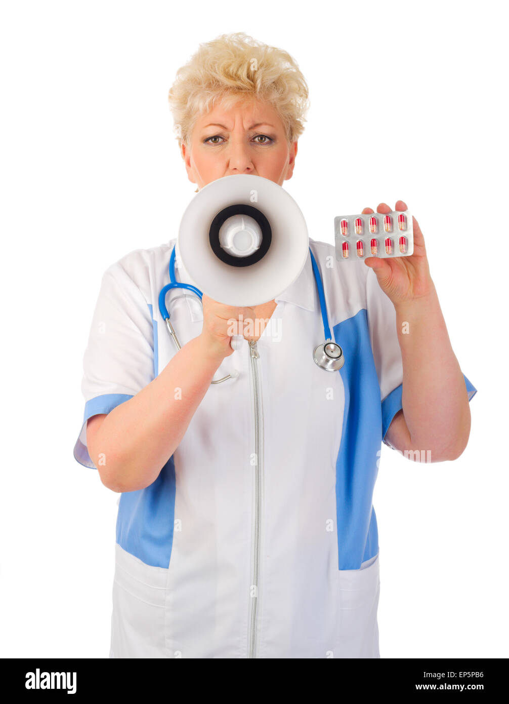 Coppia medico con megafono e le pillole isolato Foto Stock