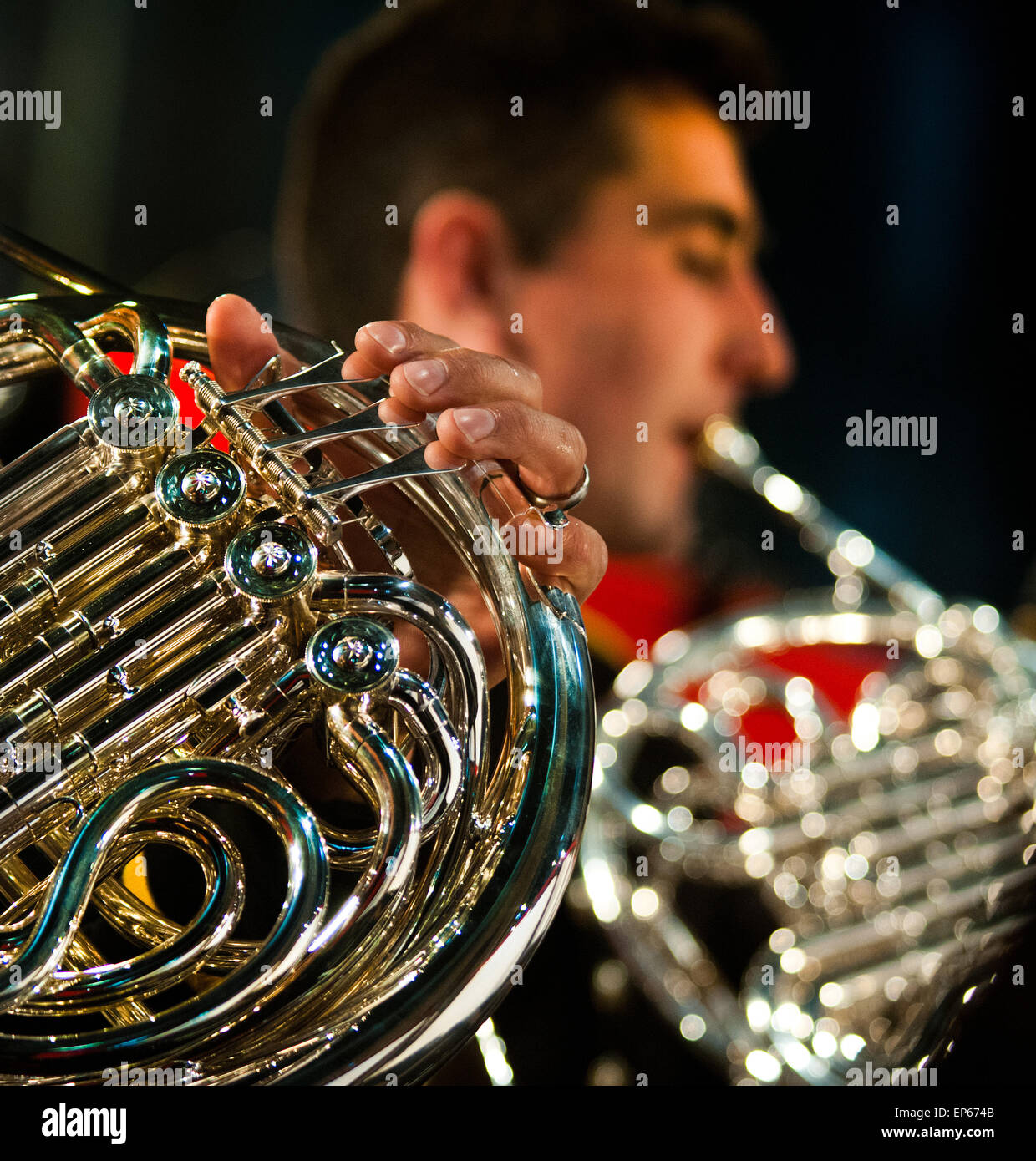Dettaglio di un musicista di suonare il corno francese Foto Stock