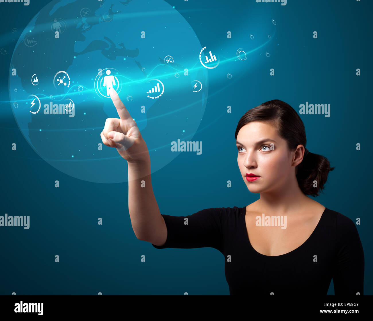 Imprenditrice premendo sociale moderno tipo di icone Foto Stock