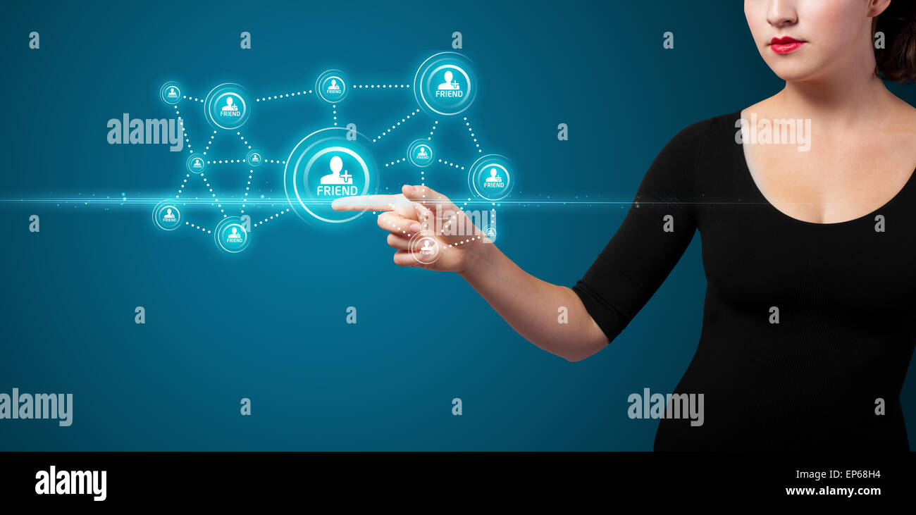 Imprenditrice premendo sociale moderno tipo di icone Foto Stock