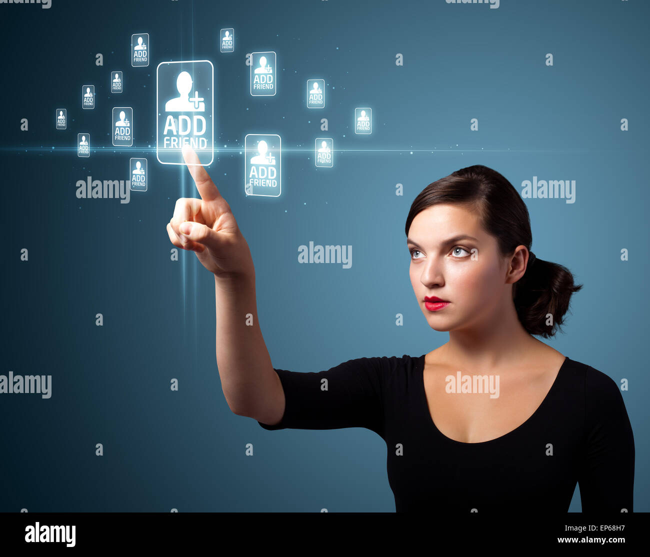 Imprenditrice premendo sociale moderno tipo di icone Foto Stock