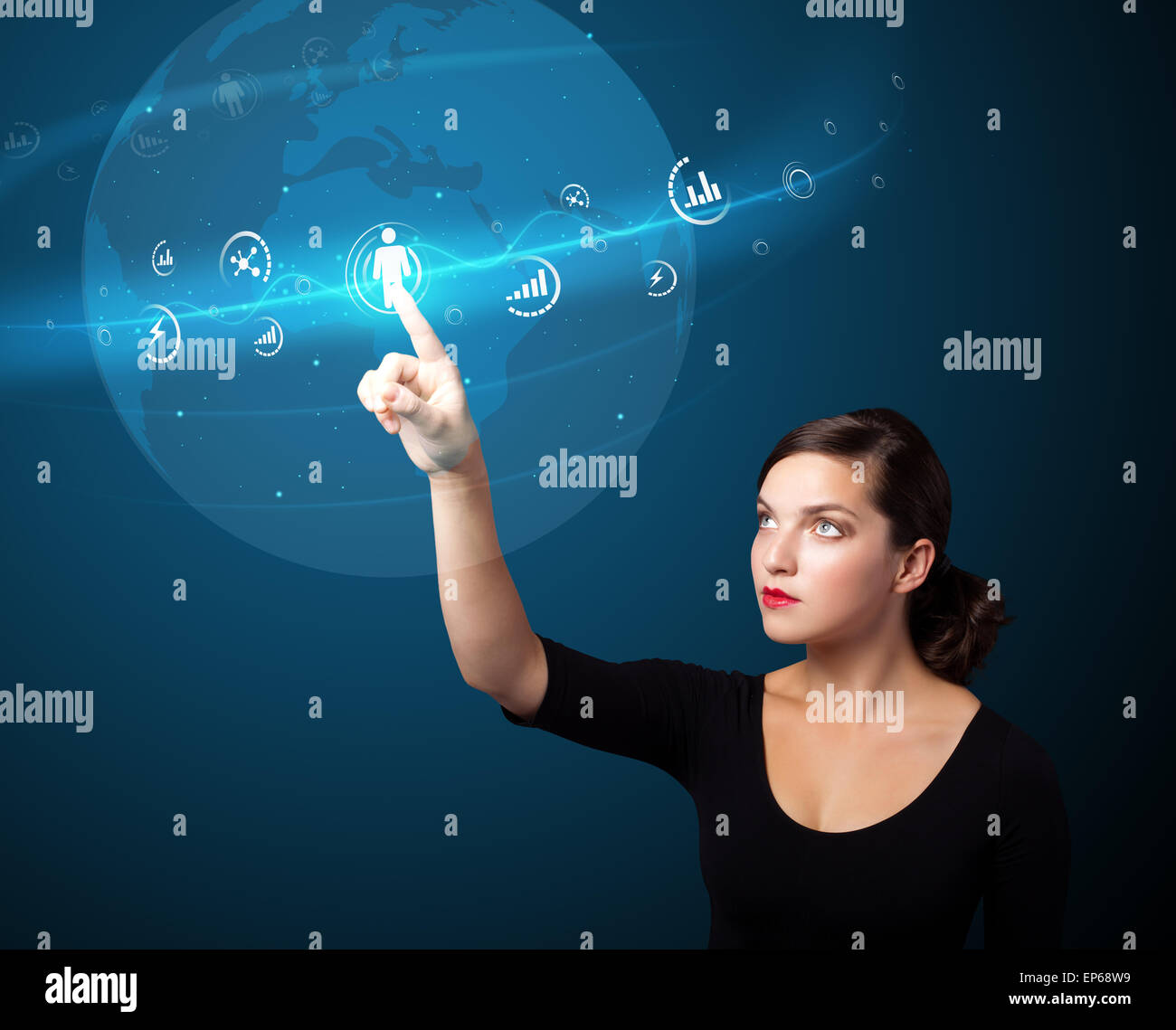 Imprenditrice premendo sociale moderno tipo di icone Foto Stock