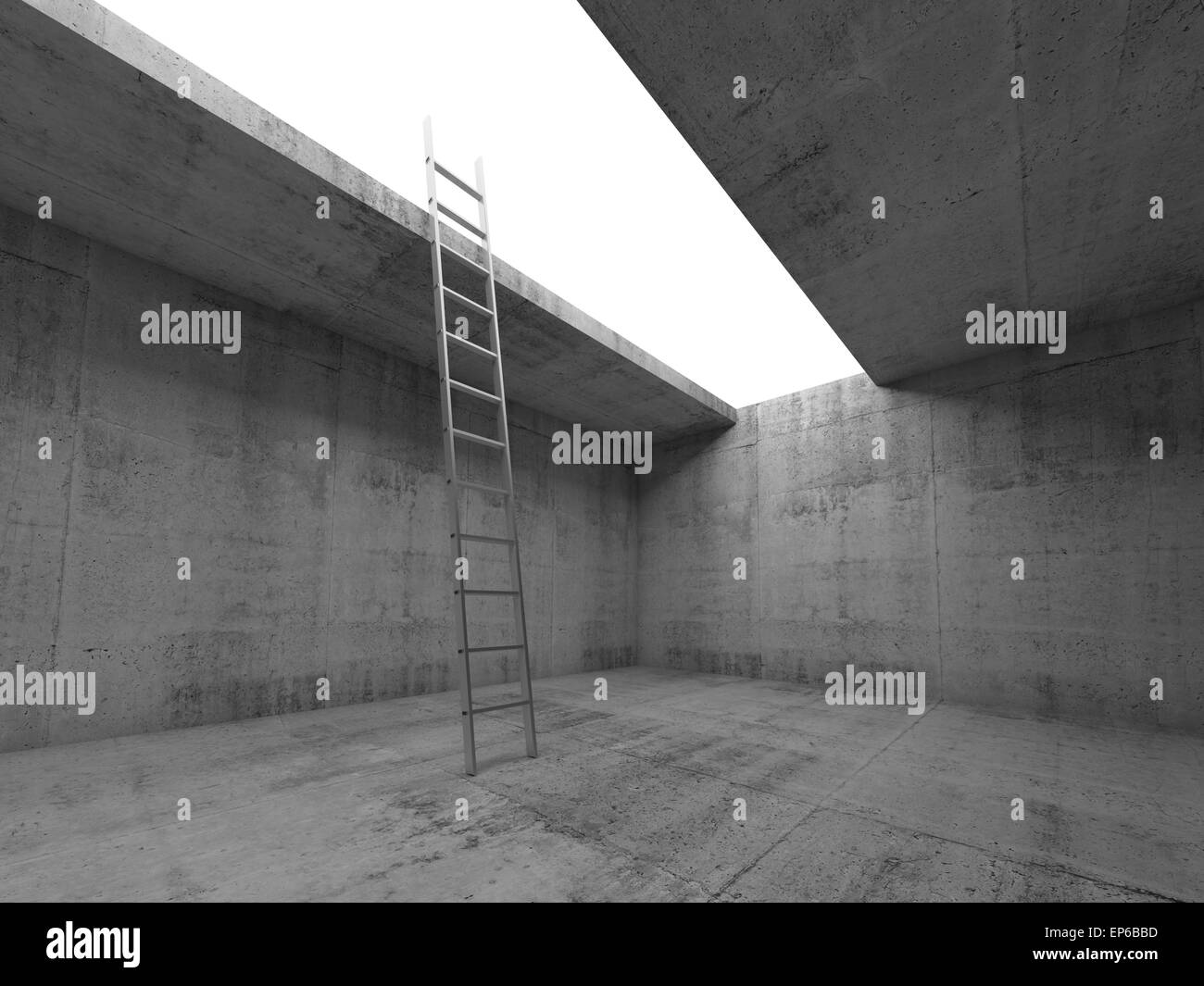 La scala di metallo va fino alla luce fuori dal buio del calcestruzzo room interior, 3D Rendering immagine Foto Stock