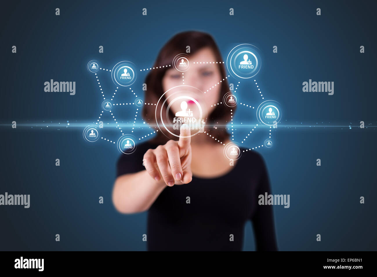 Imprenditrice premendo sociale moderno tipo di icone Foto Stock