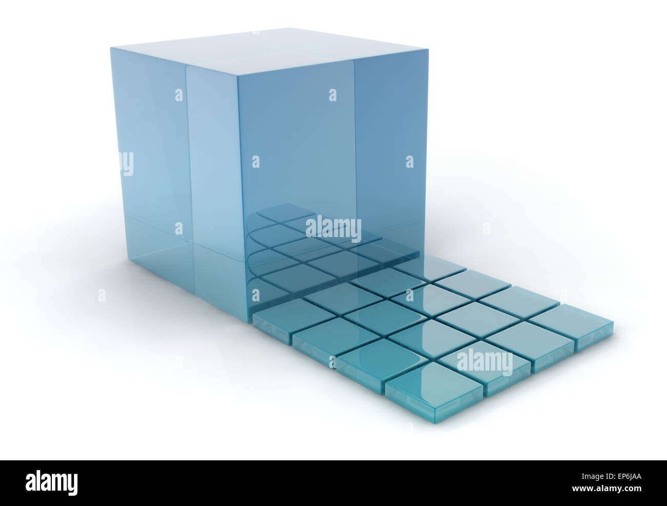 3d vetro blu i cubi su sfondo bianco. Foto Stock