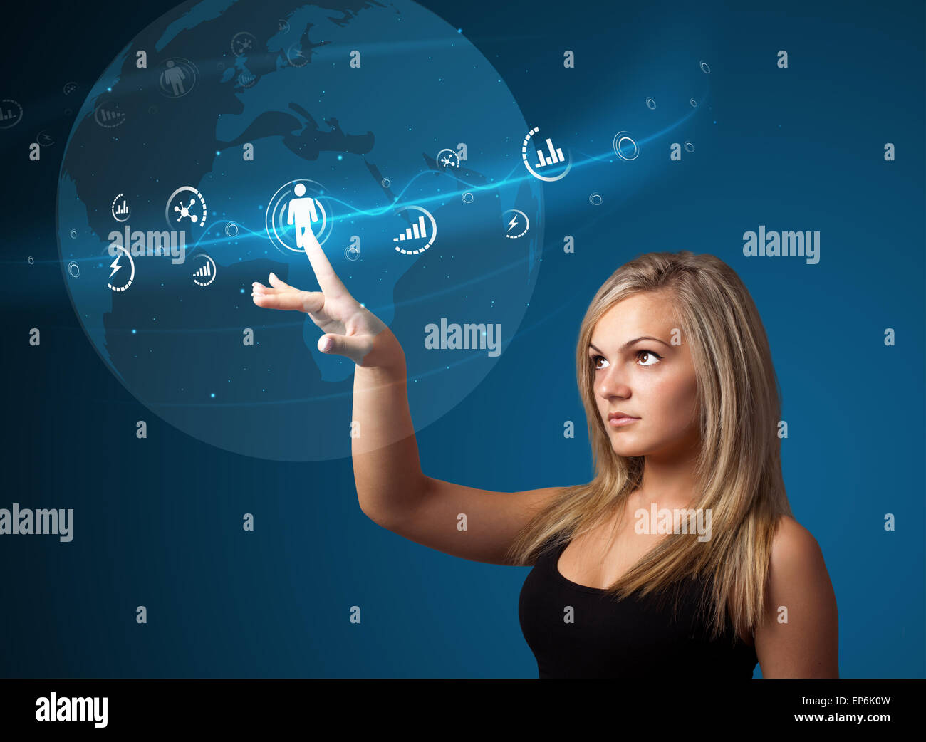 Imprenditrice premendo sociale moderno tipo di icone Foto Stock