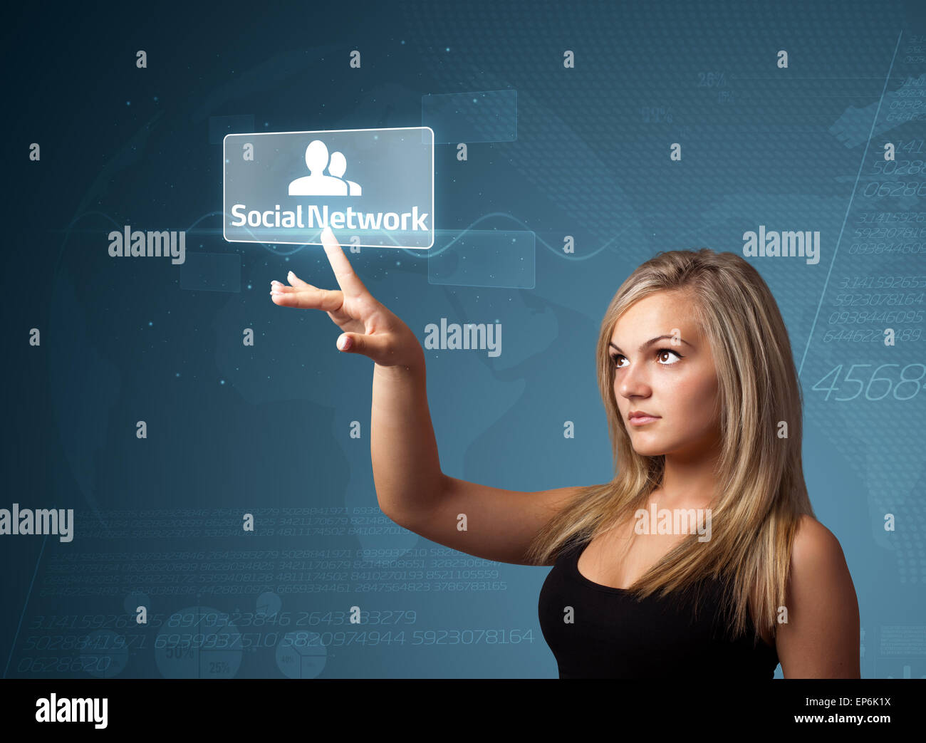 Imprenditrice premendo sociale moderno tipo di icone Foto Stock