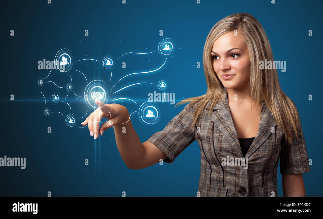 Imprenditrice premendo sociale moderno tipo di icone Foto Stock