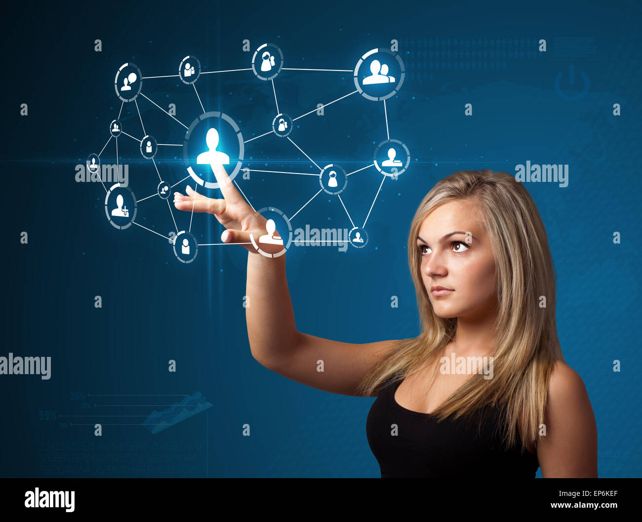 Imprenditrice premendo sociale moderno tipo di icone Foto Stock