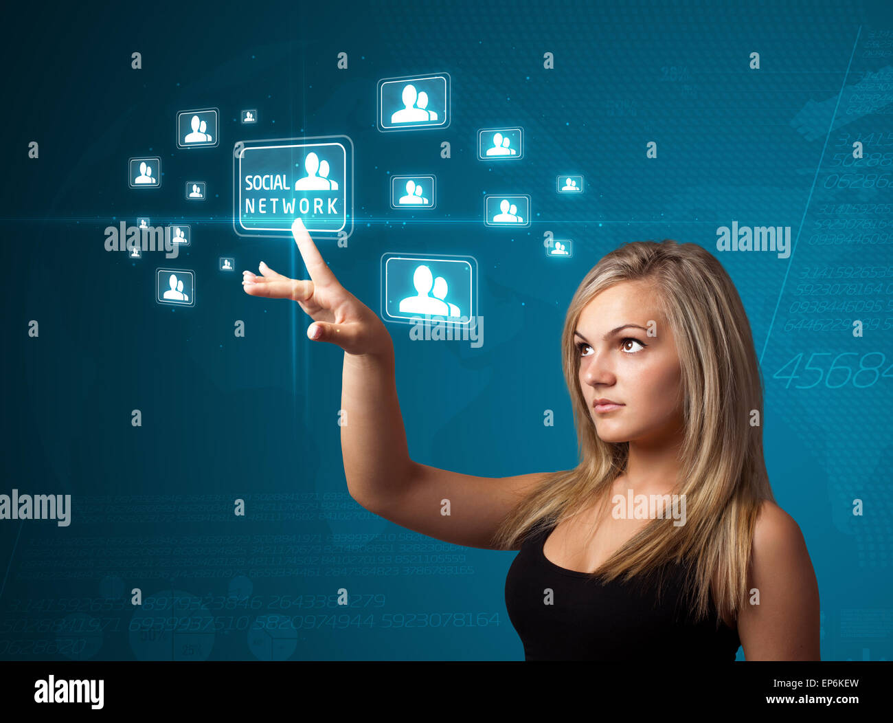 Imprenditrice premendo sociale moderno tipo di icone Foto Stock