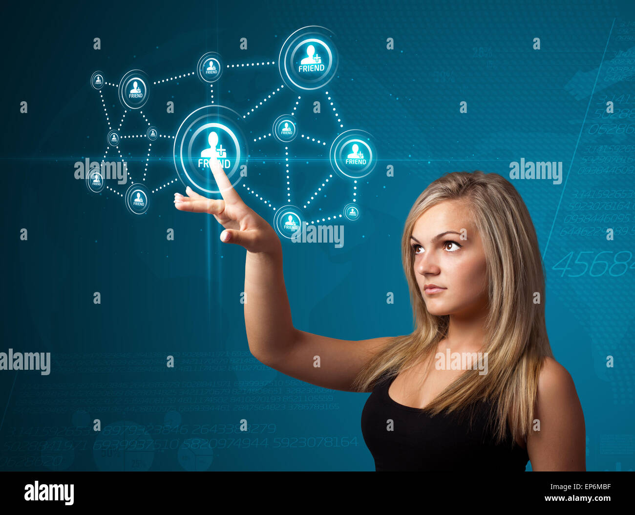 Imprenditrice premendo sociale moderno tipo di icone Foto Stock