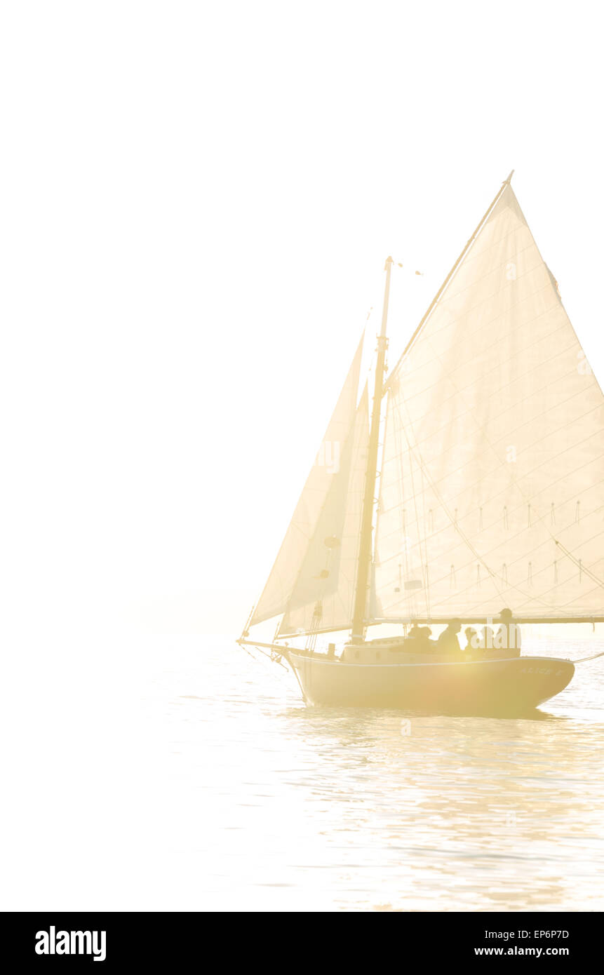 Il Alice E., un amicizia Sloop costruito nel 1899, vele nel tardo pomeriggio la luce del sole appena fuori del porto di nord-est, Maine. Foto Stock